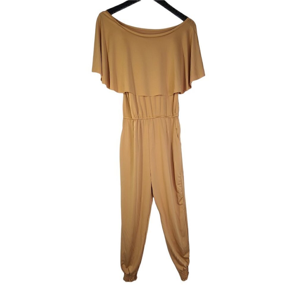 Women's Nude Tan Off Shoulder Jogger Jumpsuit